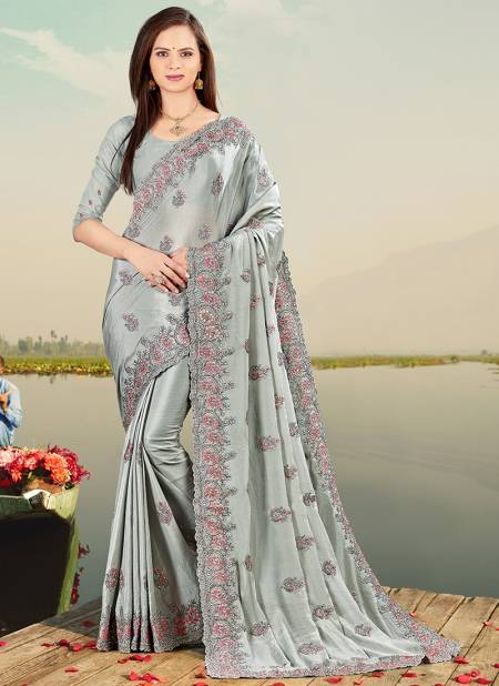 Gray Colour FIRSTCRY Designer Fancy Party Wear Chinon Heavy Resham Embroidery With Stone Work Saree Collection 5211